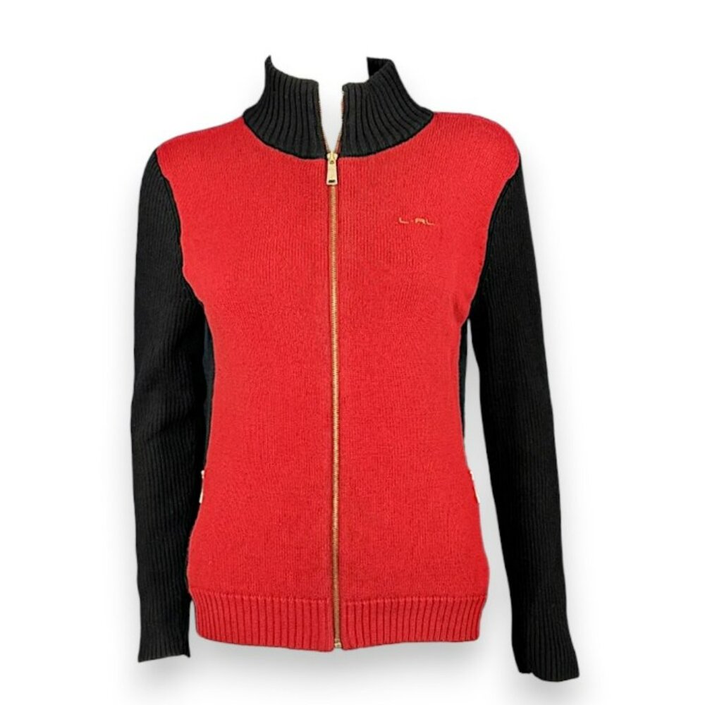 Ralph Lauren Black Red Black Colorblock Cardigan Sweater Women’s Size L